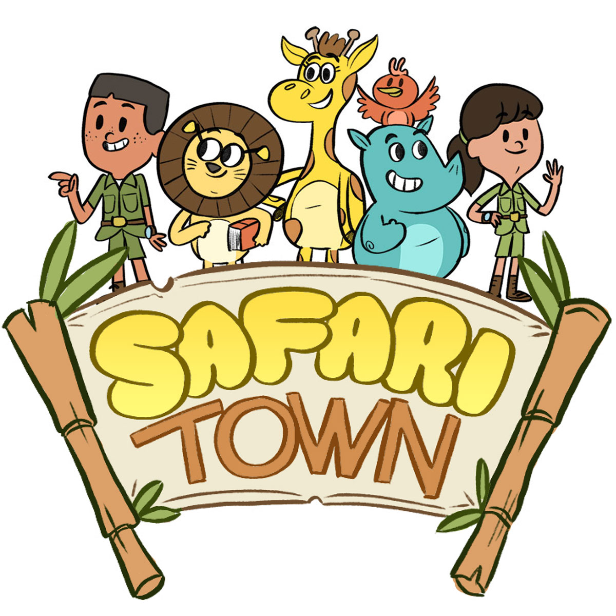 Safari Town key art featuring Gi-Gi the Giraffe, Stanley the Lion, Barry the Rhino, and friends